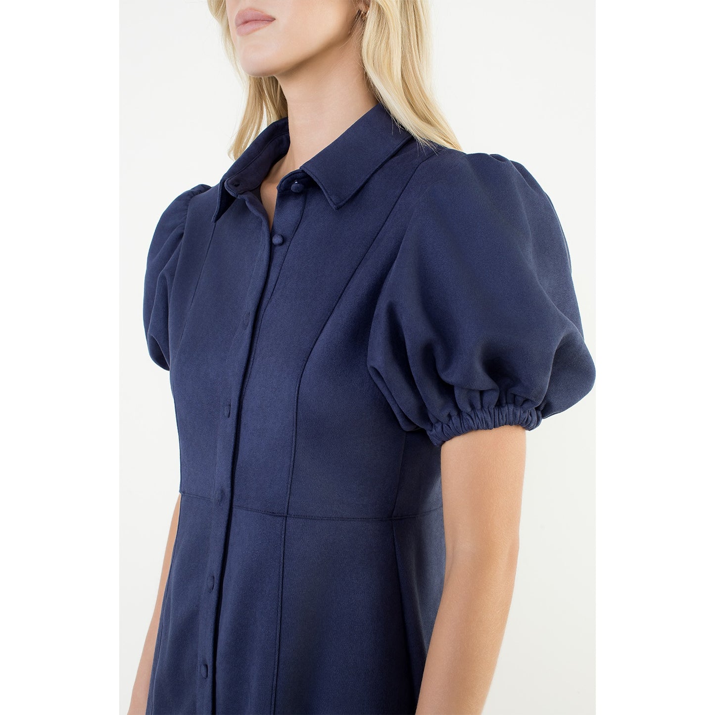 Puff Sleeve Button Up Suede Dress - Navy