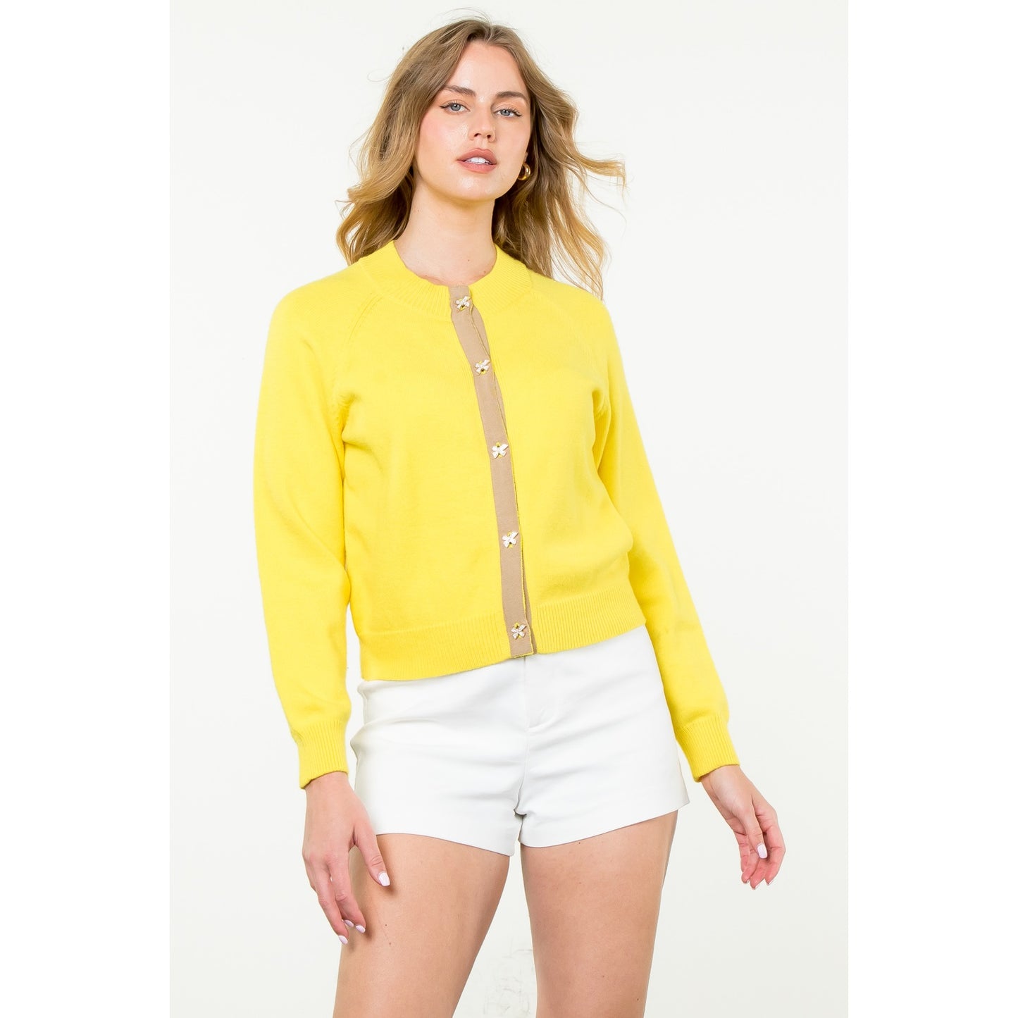 THML - Bow Button Knit Cardigan - Yellow