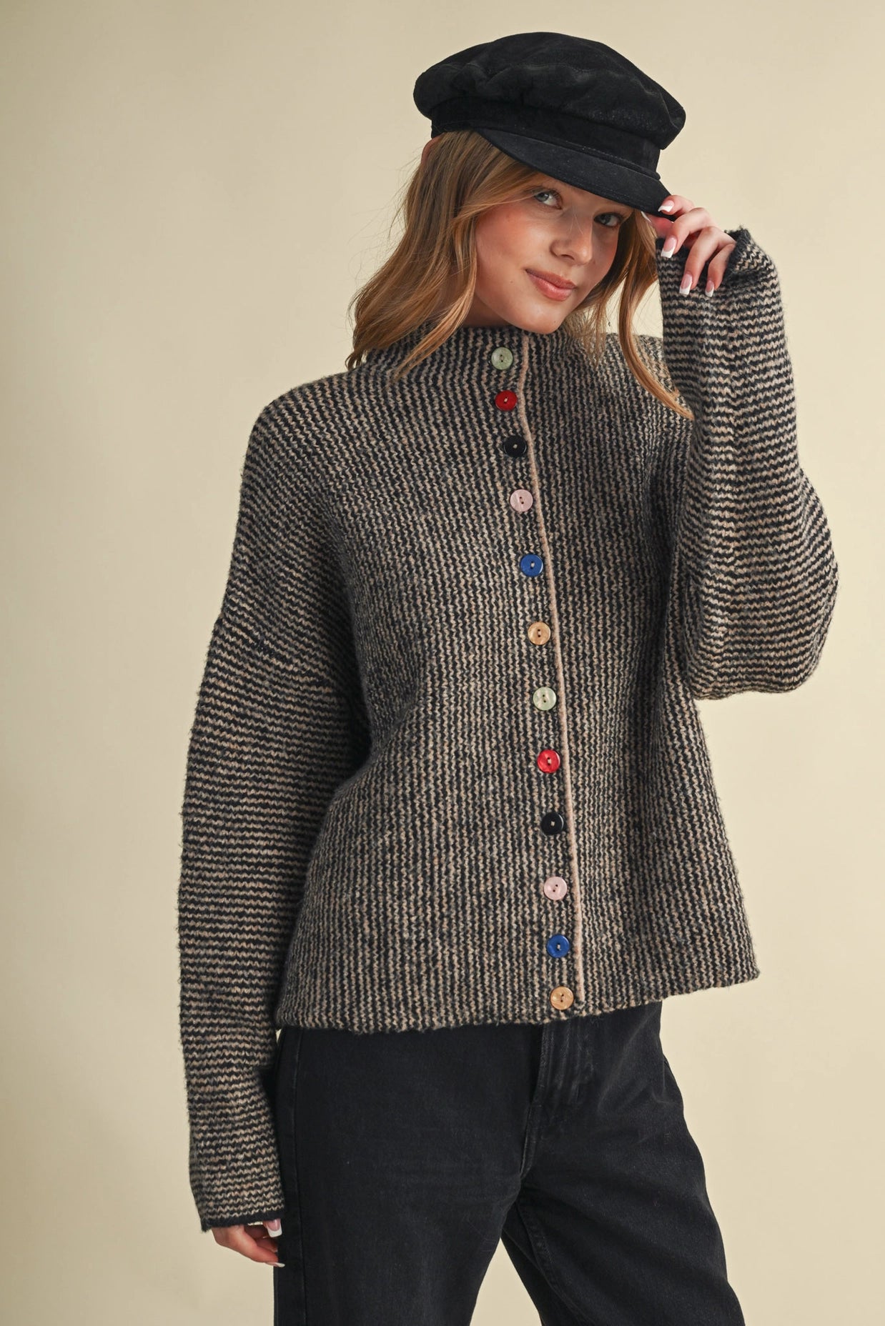 Striped Sweater Cardigan with Colorful Buttons - Black Taupe