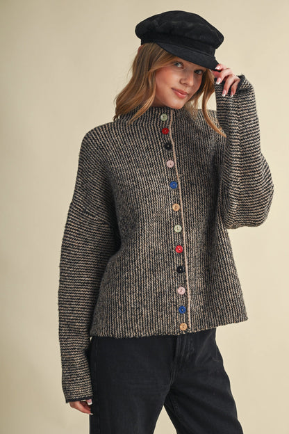 Striped Sweater Cardigan with Colorful Buttons - Black Taupe