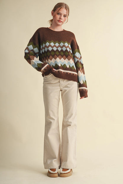 Fuzzy Texture Geometric Knit Sweater - Brown Multi