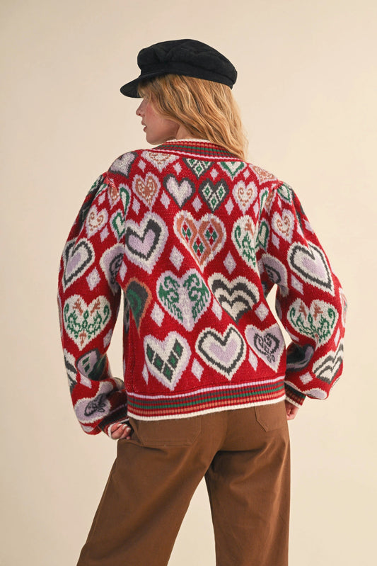 Heart Pattern Pullover Sweater - Brown Multi