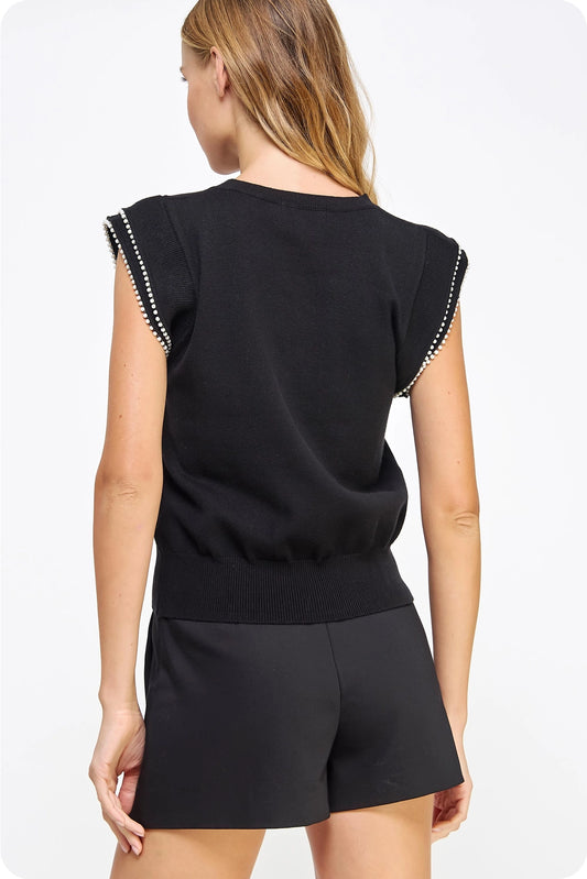 Pearl Trim Sleeveless Knit Sweater Top - Black