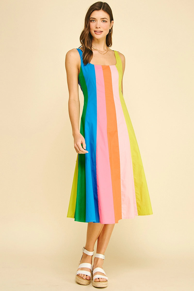 Rainbow Colorblock A-Line Midi Dress - Multi Stripe