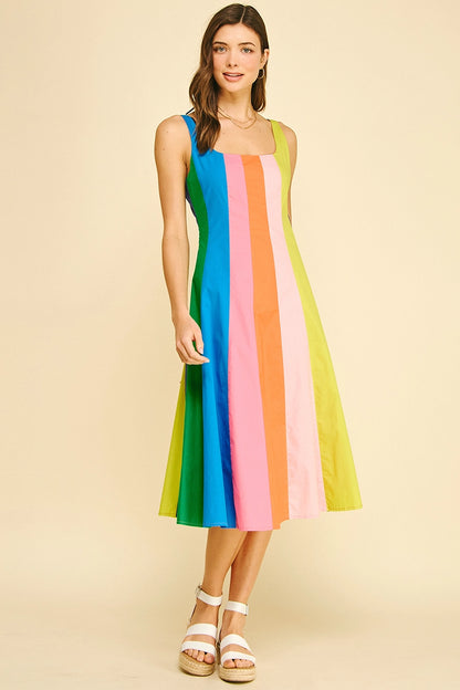 Rainbow Colorblock A-Line Midi Dress - Multi Stripe