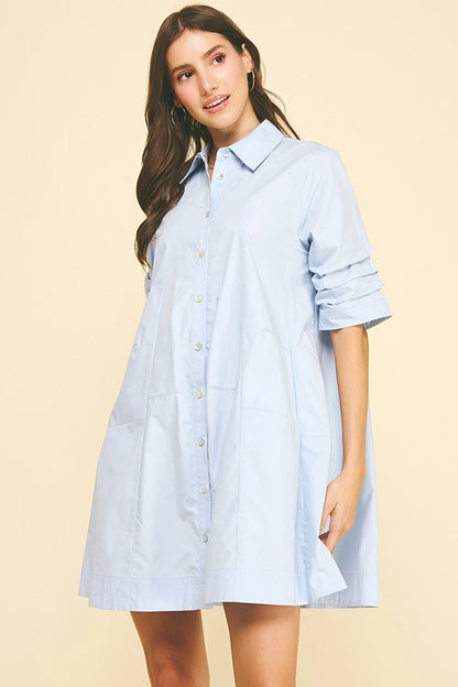 Button Down Poplin Mini Dress - Light Blue