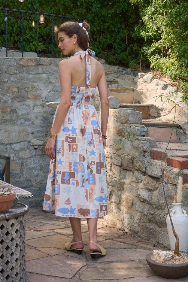 Halter Neck Seashell Detail Midi Dress - Ivory/Blue
