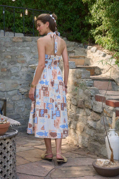 Halter Neck Seashell Detail Midi Dress - Ivory/Blue