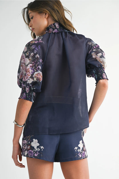 Floral Button Up Top and Short Set - Navy Flower