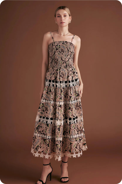 Posh Paisley Eyelet Lace Midi Dress - Black Multi