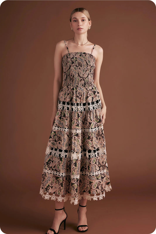 Posh Paisley Eyelet Lace Midi Dress - Black Multi