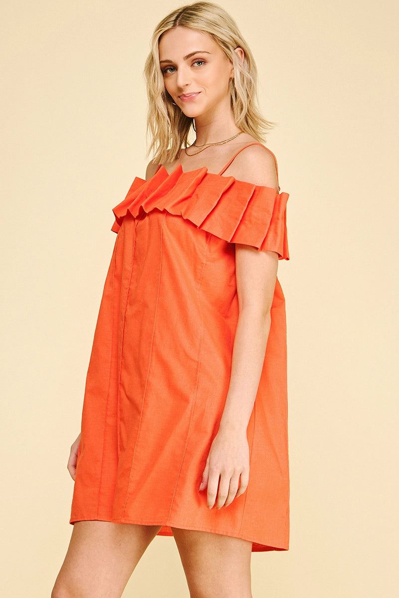 Ruffled Off Shoulder Mini Dress - Burnt Orange