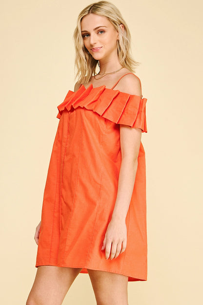 Ruffled Off Shoulder Mini Dress - Burnt Orange