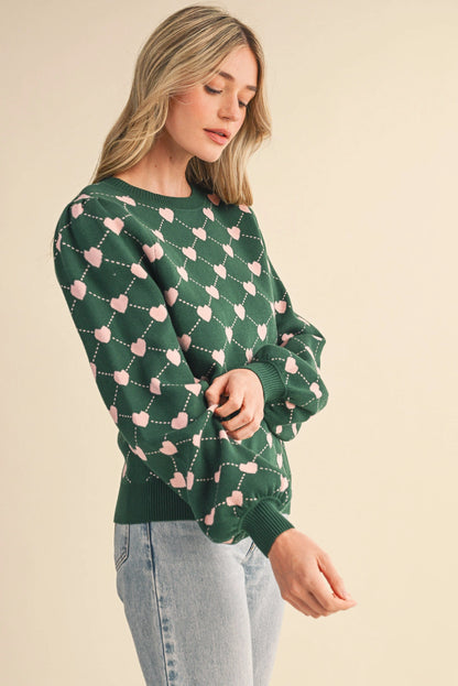 Heart Knit Puff Sleeve Sweater - Hunter Green Pink