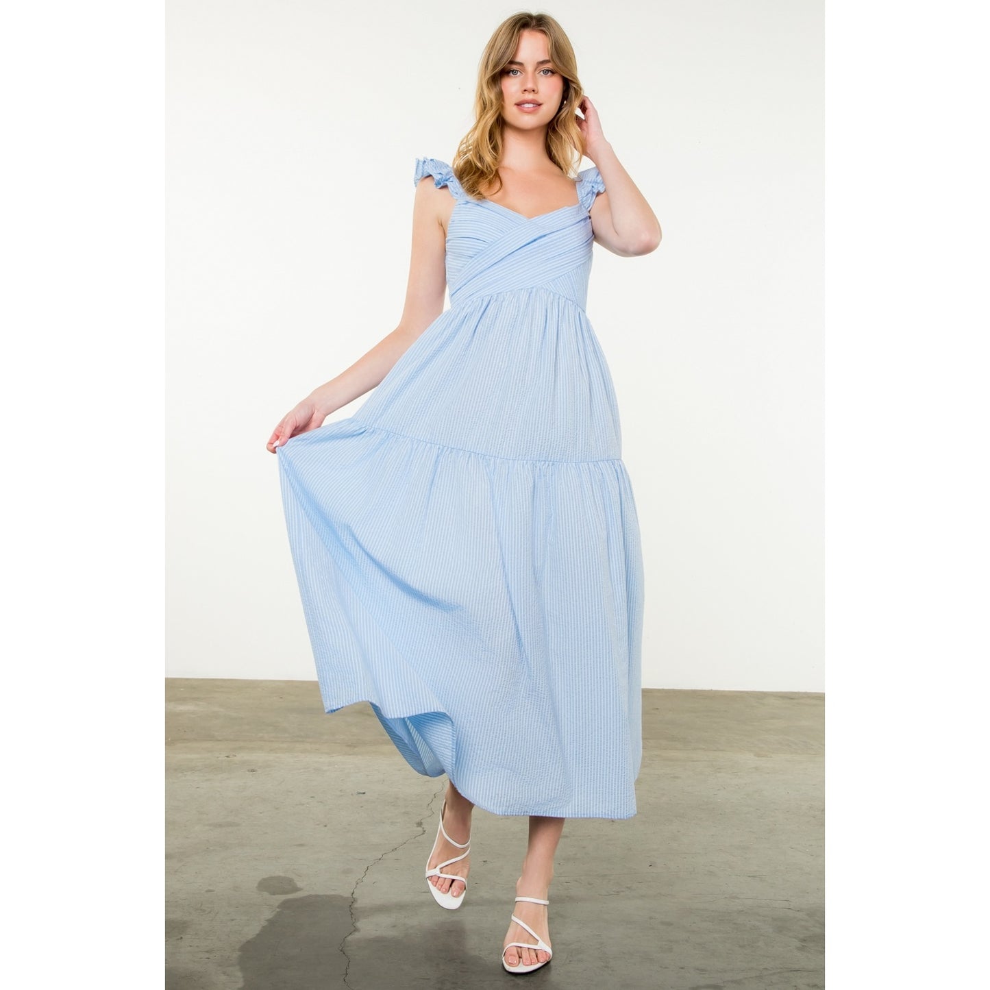 THML - Flutter Sleeve Striped Dress - Light Blue