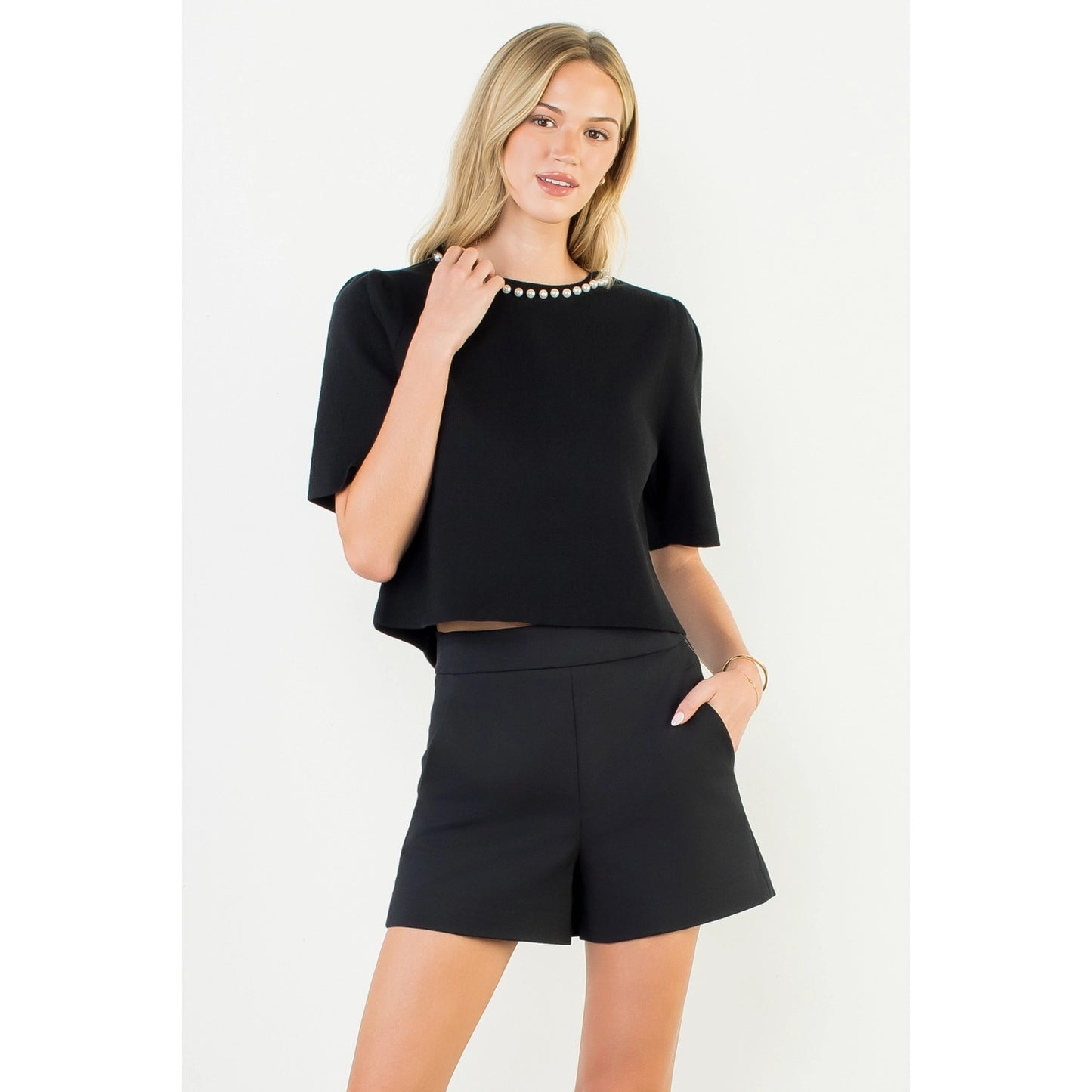 Pearl Neck Line Cropped Top - Black
