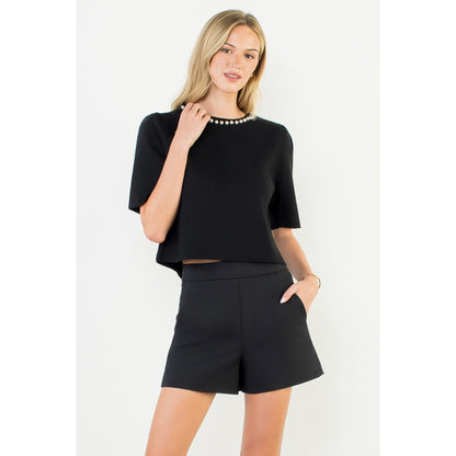 Pearl Neck Line Cropped Top - Black