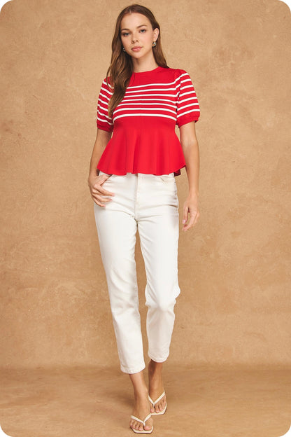 Striped Short Sleeve Peplum Sweater Top - Red/Ivory