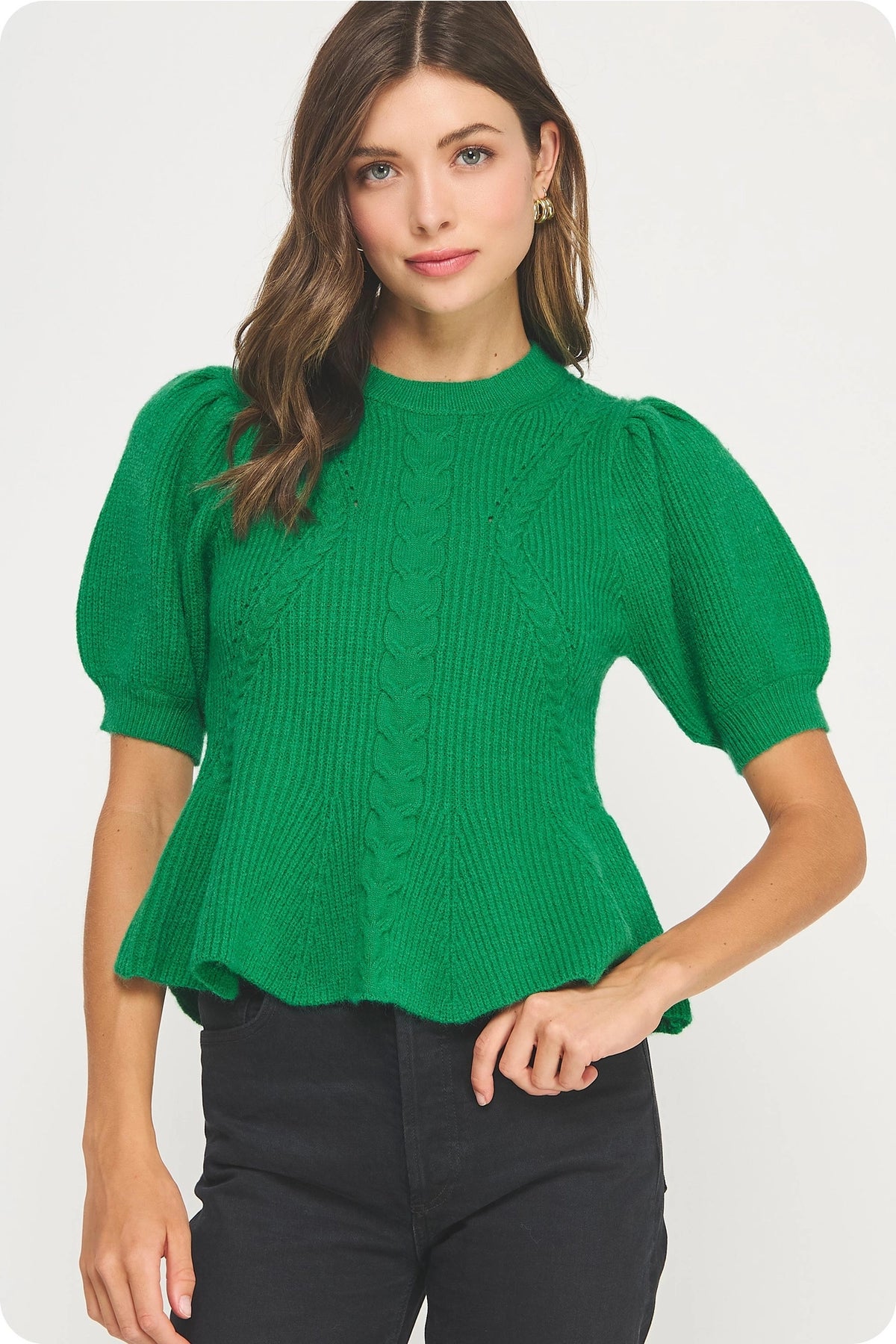 Flared Puff Sleeve Knit Top - Emerald