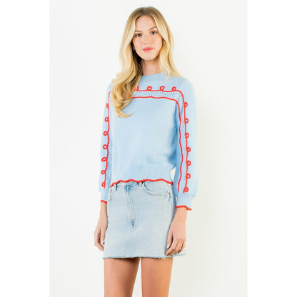 Long Sleeve Wavy Pattern Knitted Sweater - Blue