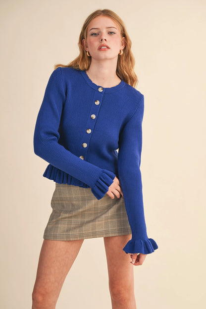 Ruffle Hem Ribbed Knit Sweater Cardigan - Royal Blue