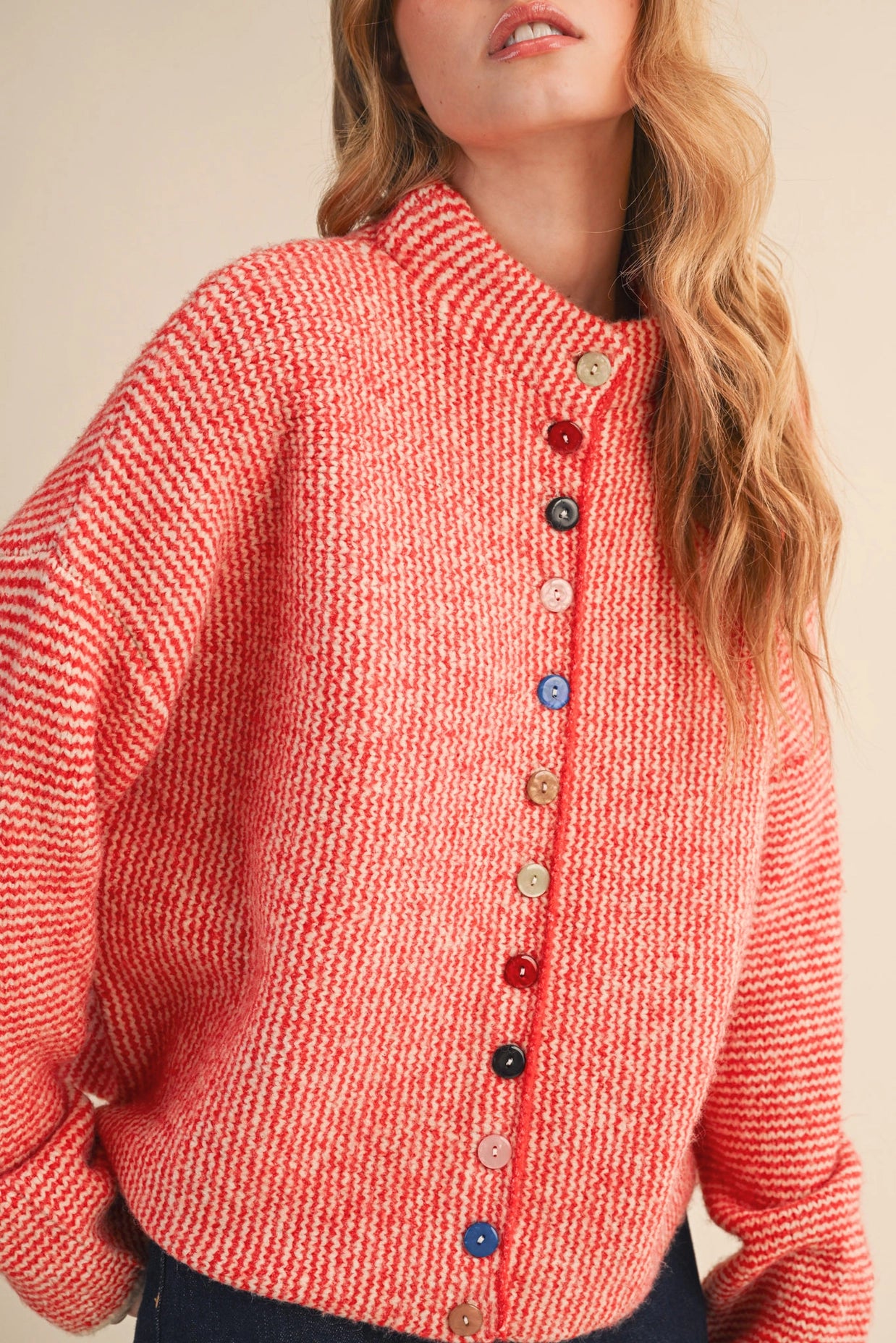 Striped Sweater Cardigan with Colorful Buttons - Ivory Red