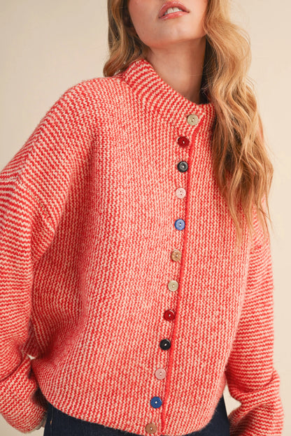 Striped Sweater Cardigan with Colorful Buttons - Ivory Red