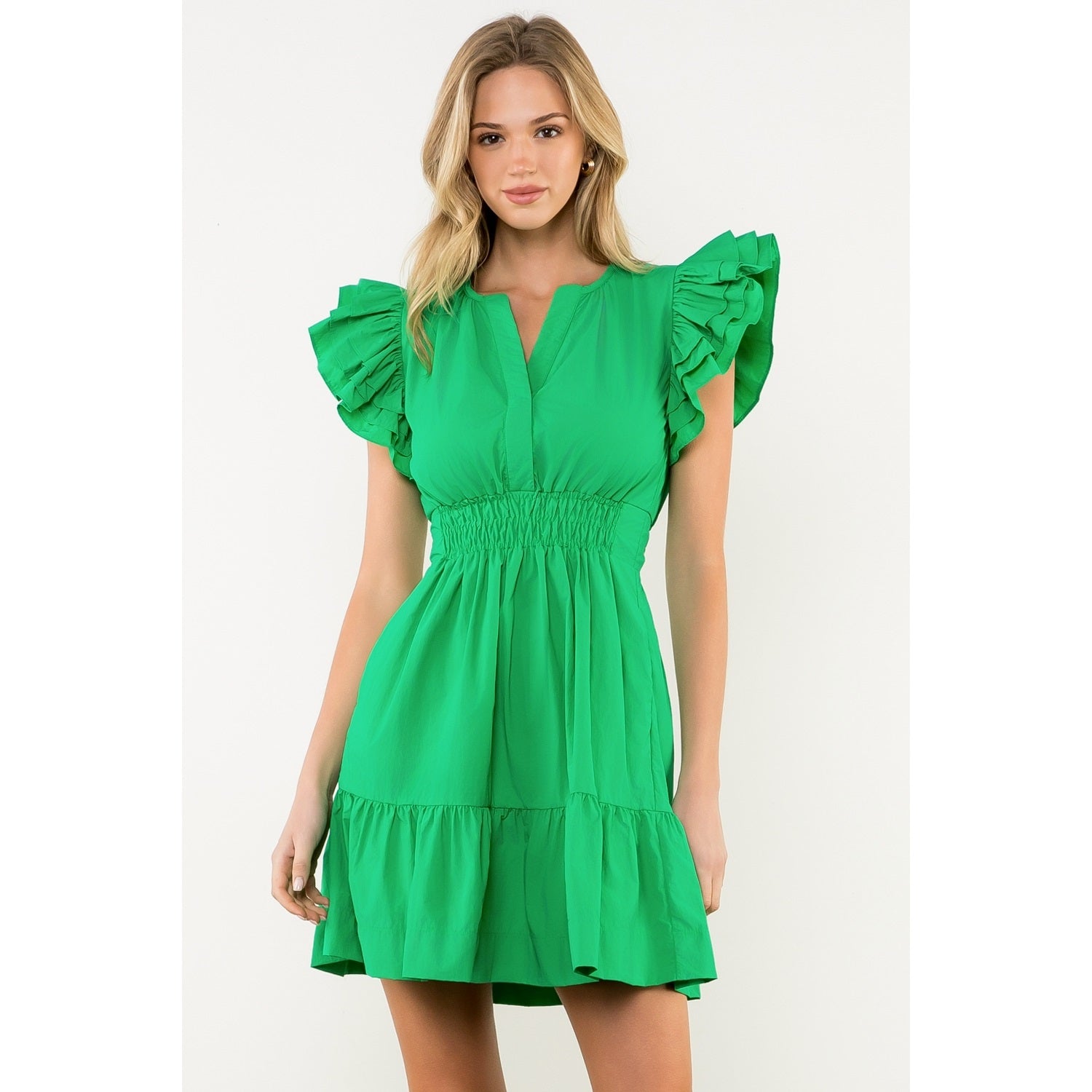 Smocked Waist Ruffle Sleeve Mini Dress - Green
