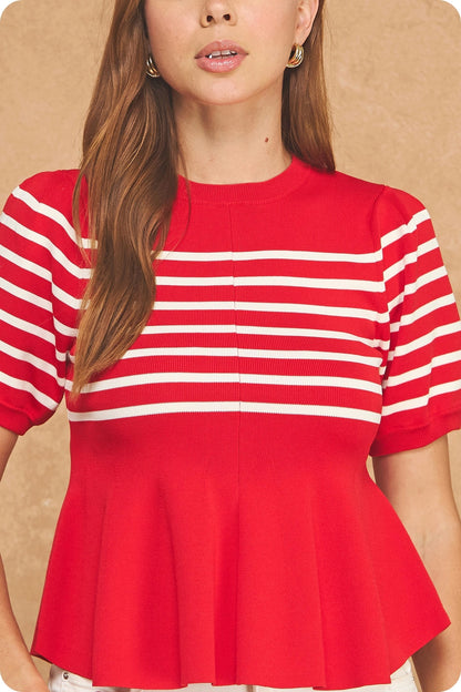 Striped Short Sleeve Peplum Sweater Top - Red/Ivory