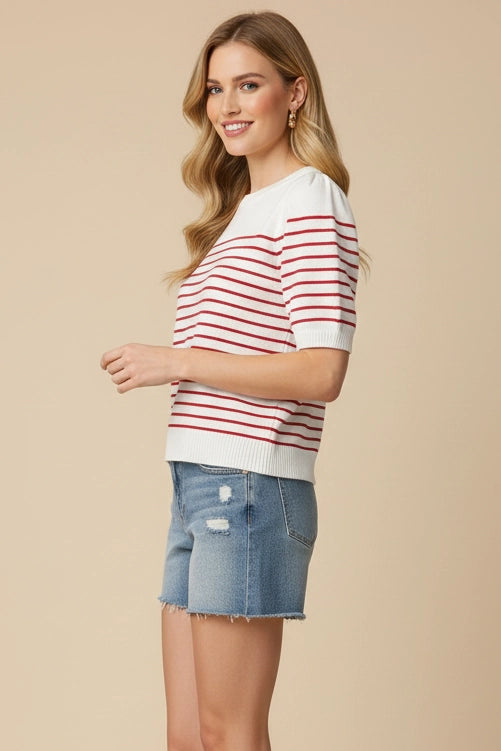 Striped Short Sleeve Sweater - White/Red