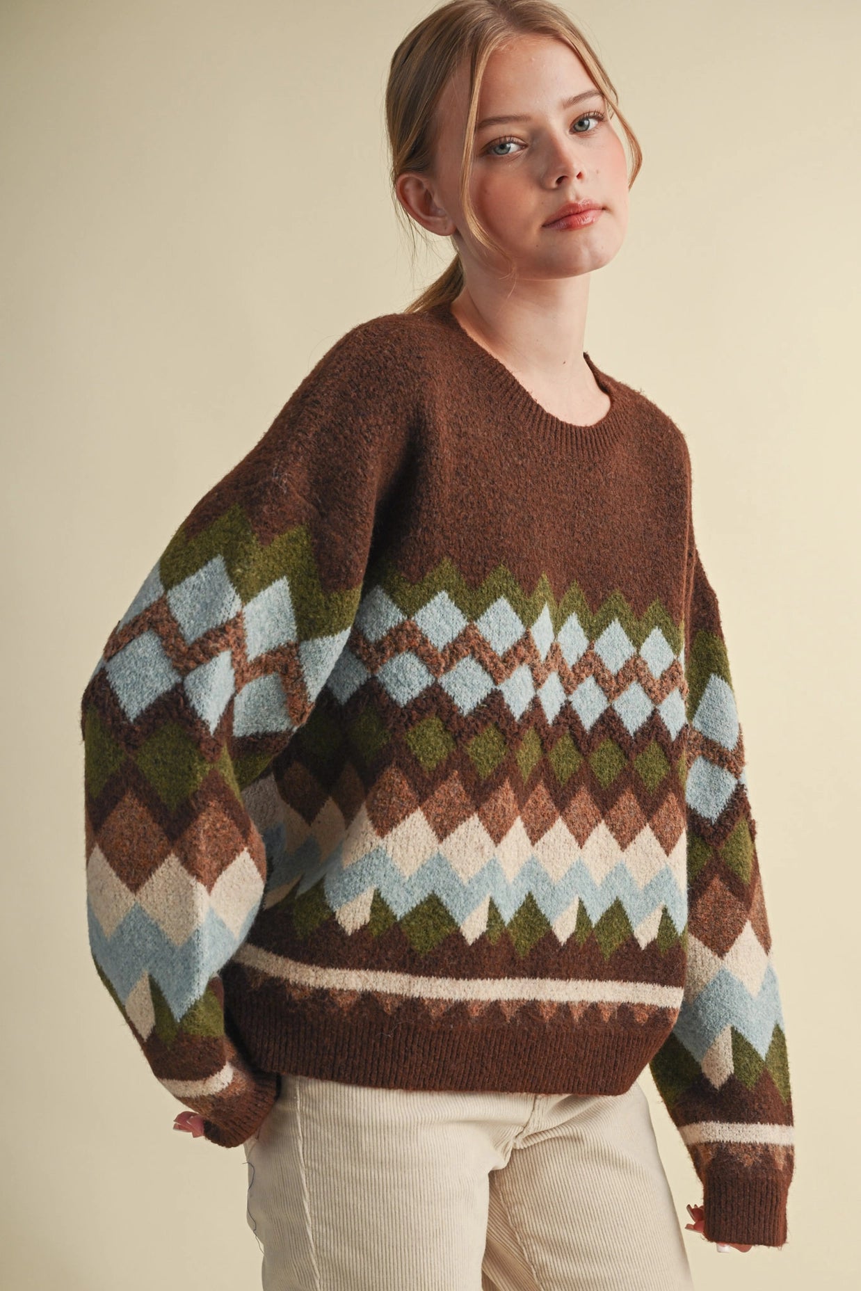 Fuzzy Texture Geometric Knit Sweater - Brown Multi
