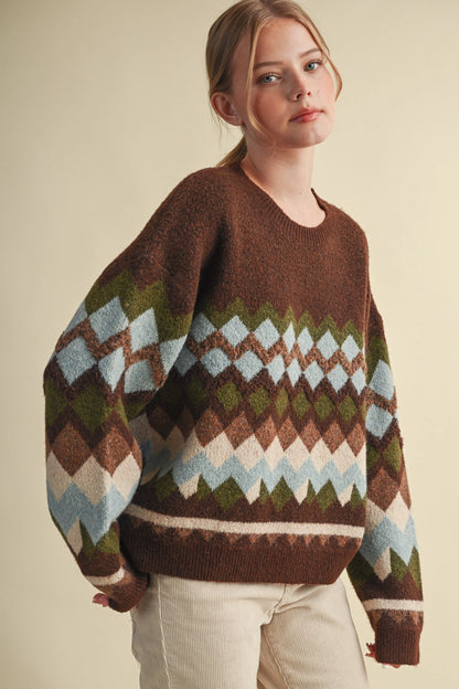 Fuzzy Texture Geometric Knit Sweater - Brown Multi