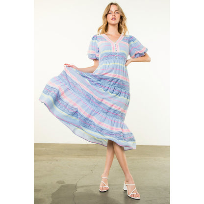 THML - Puff Sleeve Pattern Dress - Blue