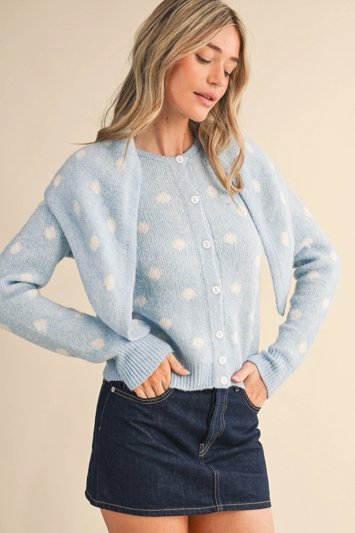 Polka Dot Sweater Cardigan with Detachable Scarf - Sky Blue