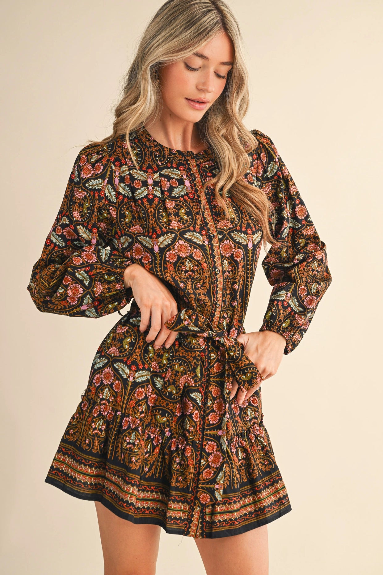 Exclusive Floral Print Button Down Belted Mini Dress - Black Multi
