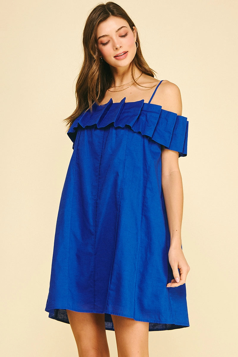 Ruffled Off Shoulder Mini Dress - Cobalt Blue