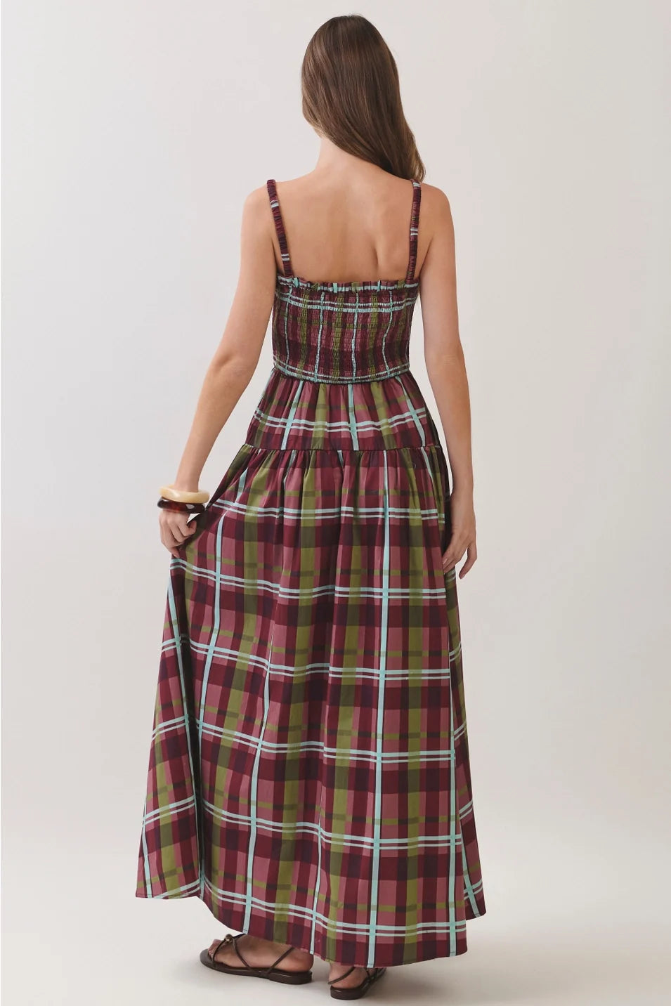 Plaid Smocked Tiered Maxi Dress - Burgundy