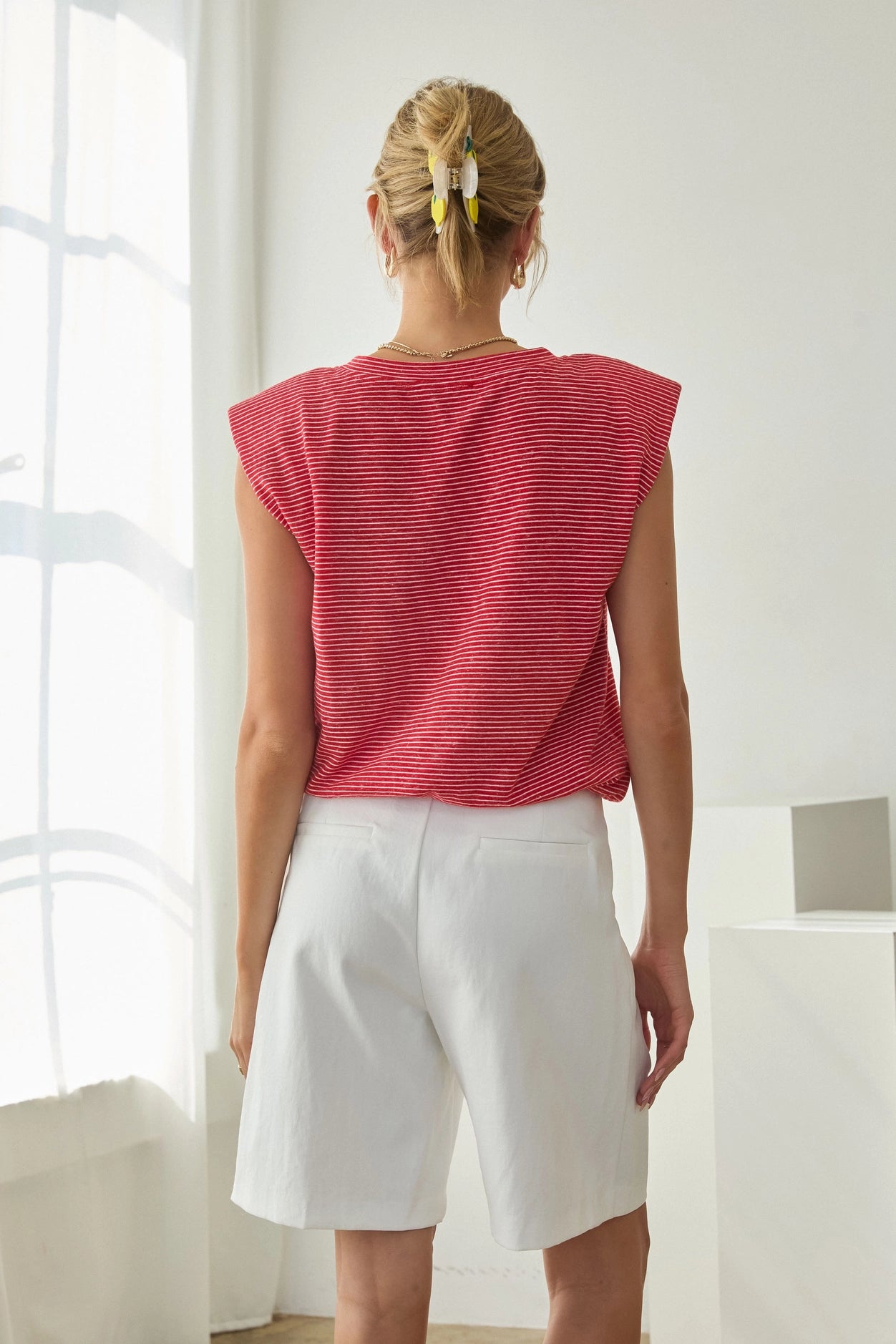 Stripe Knit Bubble Hem Tank Top - Red