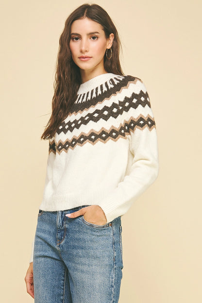 Vintage Geometric Pattern Sweater - Ivory/Multi