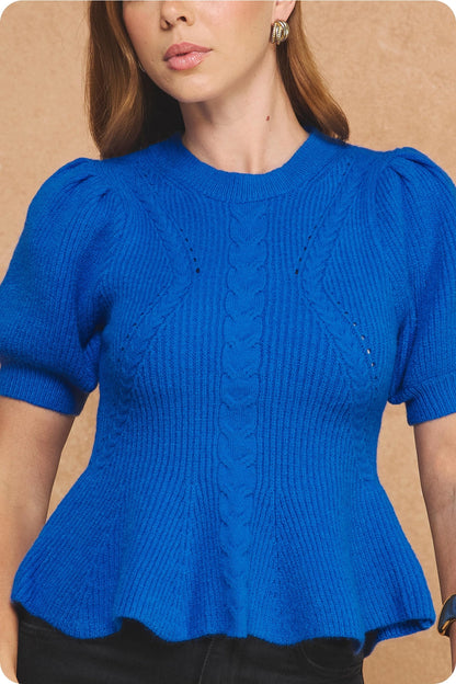 Flared Puff Sleeve Knit Top - Cobalt Blue