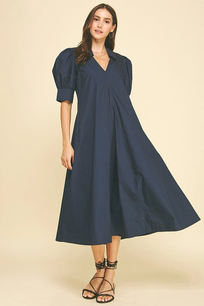 V-Neck Pleated A-Line Dress - Deep Navy