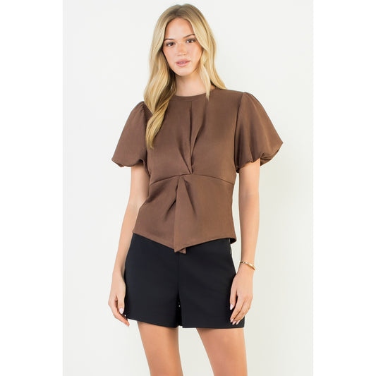 Puff Sleeve Twisted Detail Suede Top - Brown