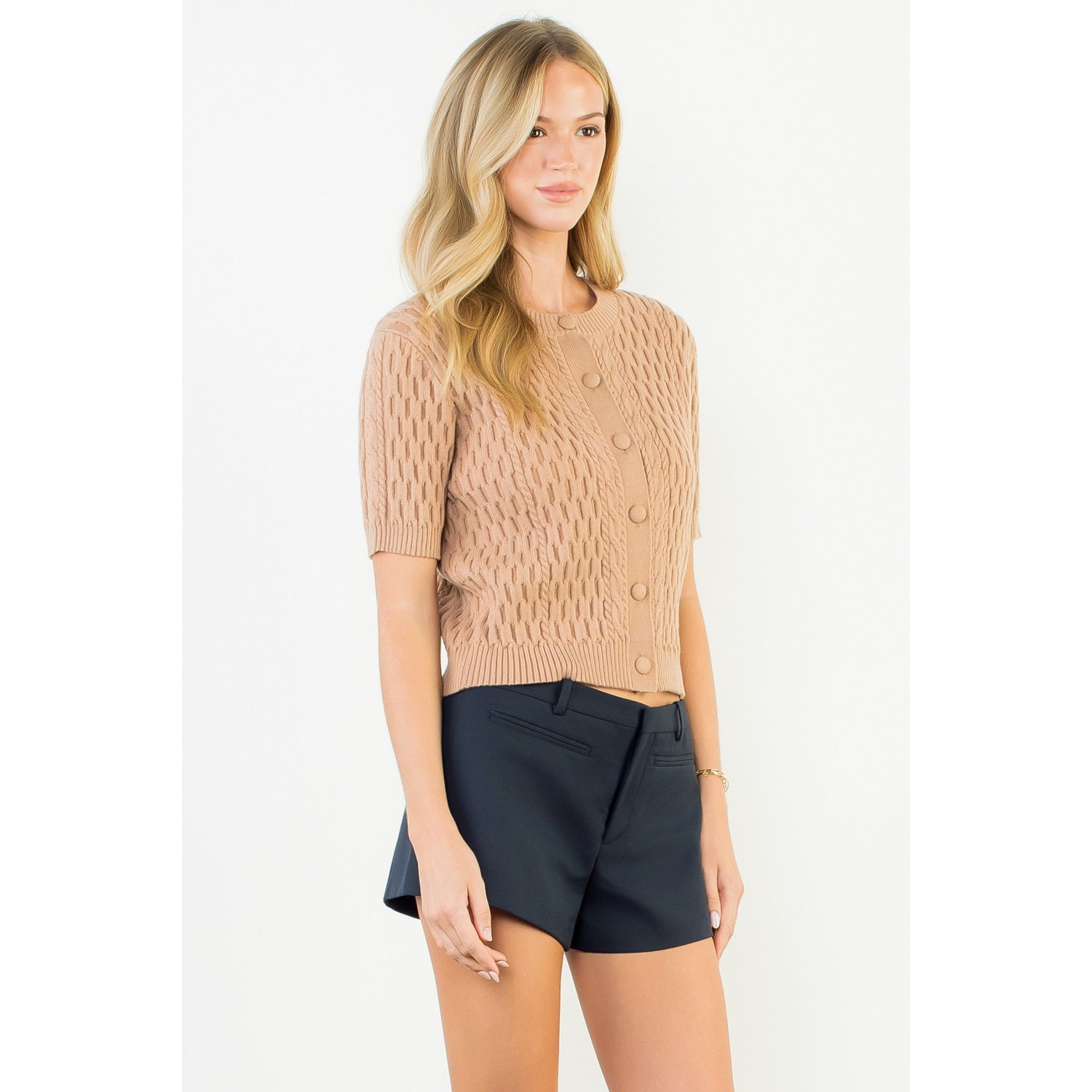 Short Sleeve Button Knit Top - Beige