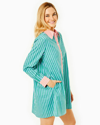 Addison Bay - Bloom Shirt Dress - Palm/Cerulean Stripe