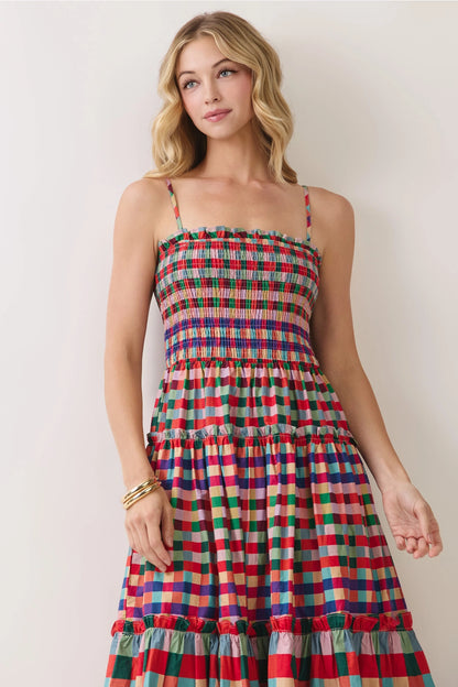 Smocked Bodice Plaid Tiered Maxi Dress - Multi