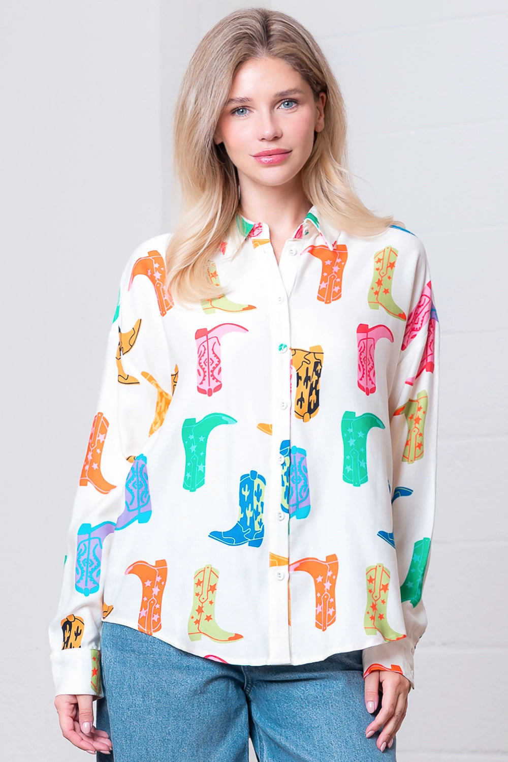 Printed Button Up Long Sleeve Top - Ivory Multi - Spinout