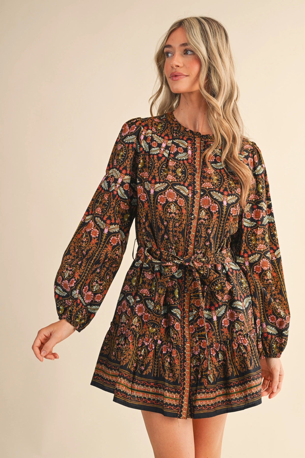 Exclusive Floral Print Button Down Belted Mini Dress - Black Multi