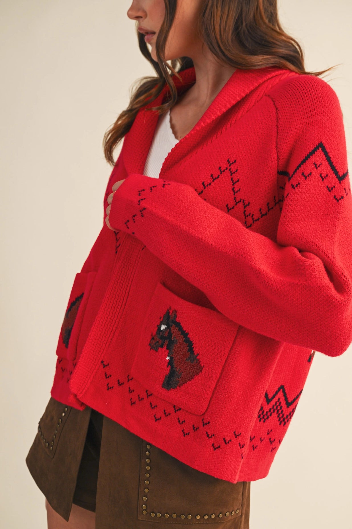 Horse Knit Sweater Cardigan - Red