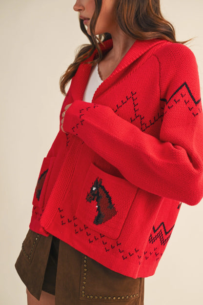 Horse Knit Sweater Cardigan - Red