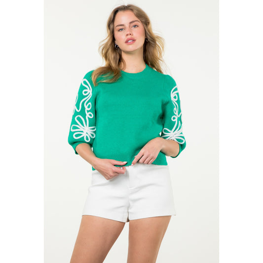 THML - Short Sleeve Embroidered Detail Knit Top - Green